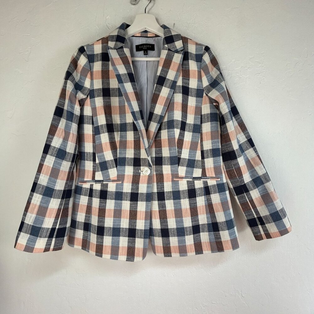Talbots Petite Womens Single-Button Plaid Blazer 6P Cotton Blend Navy/Brown NWOT